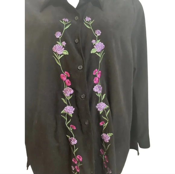 CASCADE BLUE Black faux suede embroidered flowers button up shirt purple pink - Picture 5 of 9